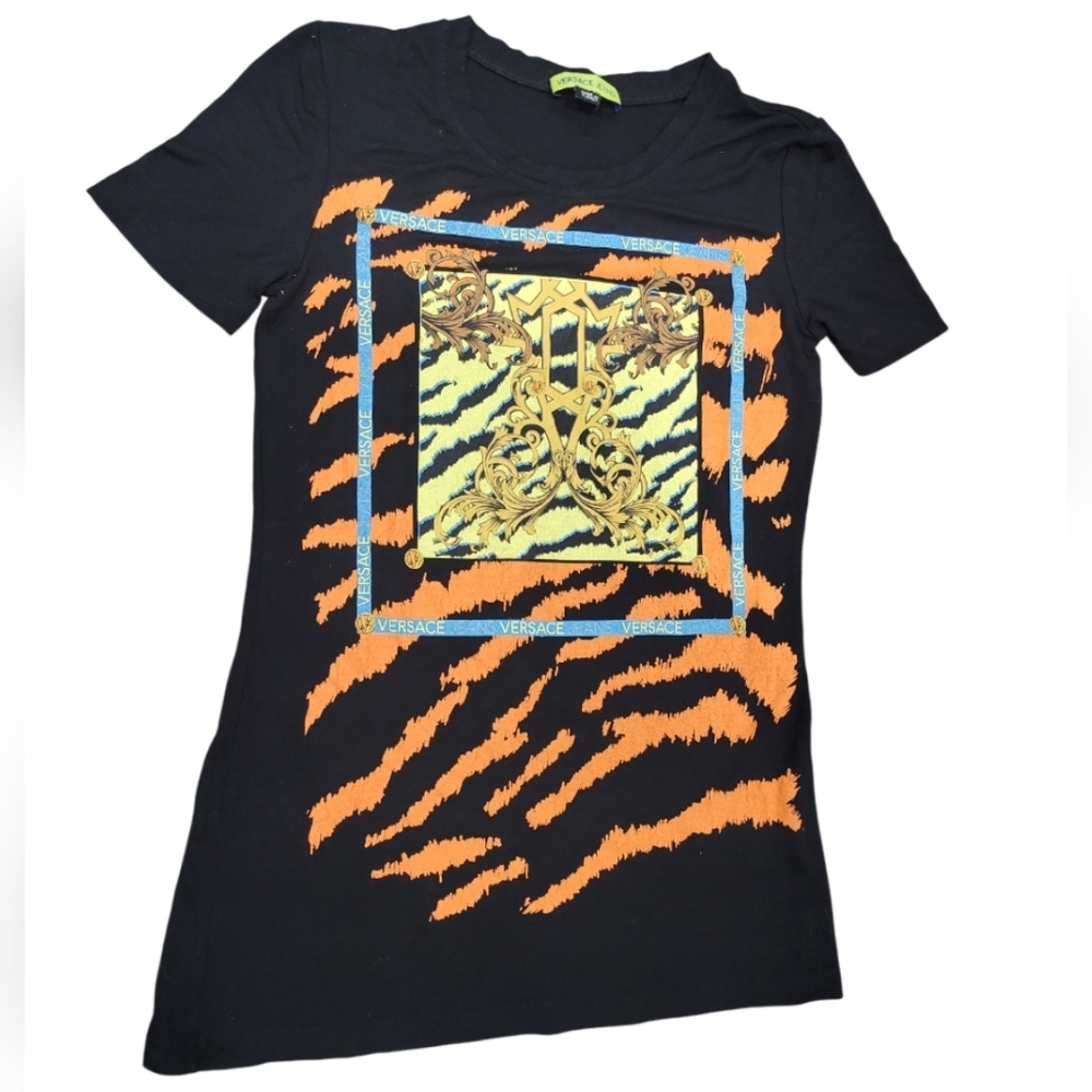 Versace Jeans Women's Black Shirt with Orange & Gold Design - Size 4
